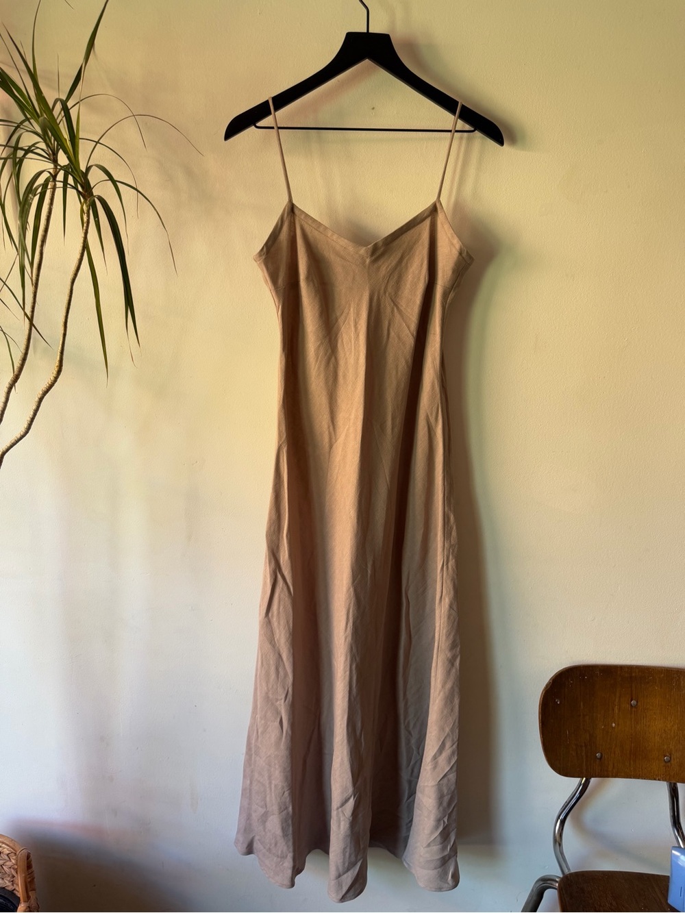 Minimal Taupe Linen Spaghetti-Strap Maxi Dress